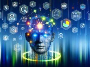 Modernes Titelbild mit digitalem Kopf aus leuchtenden Datenpunkten, umgeben von Marketing- und Analyse-Icons, abstrakten Diagrammen und farbiger Data-Visualisierung in Blau, Neon-Limette und Orange.