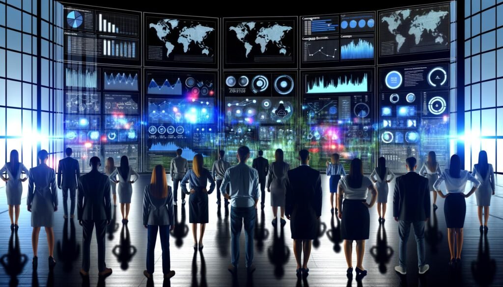 Marketer und Data-Analysten stehen vor großen, interaktiven Bildschirmen mit komplexen Datenvisualisierungen, Heatmaps und ROI-Anzeigen in einem düsteren, modernen Büro.