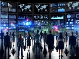 Marketer und Data-Analysten stehen vor großen, interaktiven Bildschirmen mit komplexen Datenvisualisierungen, Heatmaps und ROI-Anzeigen in einem düsteren, modernen Büro.