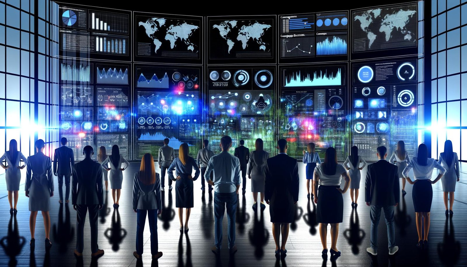 Marketer und Data-Analysten stehen vor großen, interaktiven Bildschirmen mit komplexen Datenvisualisierungen, Heatmaps und ROI-Anzeigen in einem düsteren, modernen Büro.