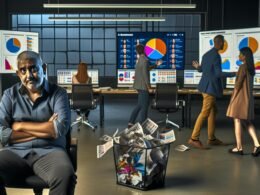 Marketer mit skeptischem Blick vor Bildschirmen mit farbigen Dashboards, im Hintergrund Kollegen und Persona-Poster, in einem hippen Großraumbüro.