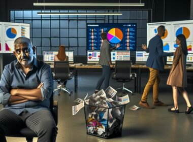 Marketer mit skeptischem Blick vor Bildschirmen mit farbigen Dashboards, im Hintergrund Kollegen und Persona-Poster, in einem hippen Großraumbüro.