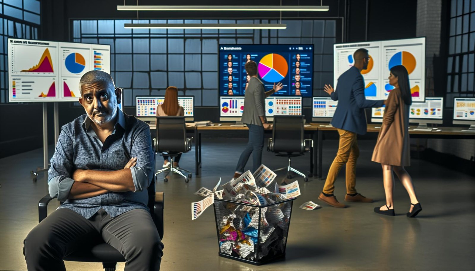 Marketer mit skeptischem Blick vor Bildschirmen mit farbigen Dashboards, im Hintergrund Kollegen und Persona-Poster, in einem hippen Großraumbüro.