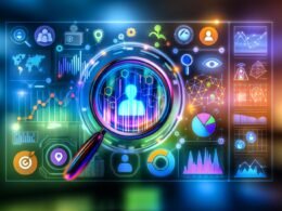 Illustration eines modernen Analytics-Dashboards mit farbigen Diagrammen, digitalen Marketing-Icons und Datenschutz-Schild für DSGVO-Konformität.