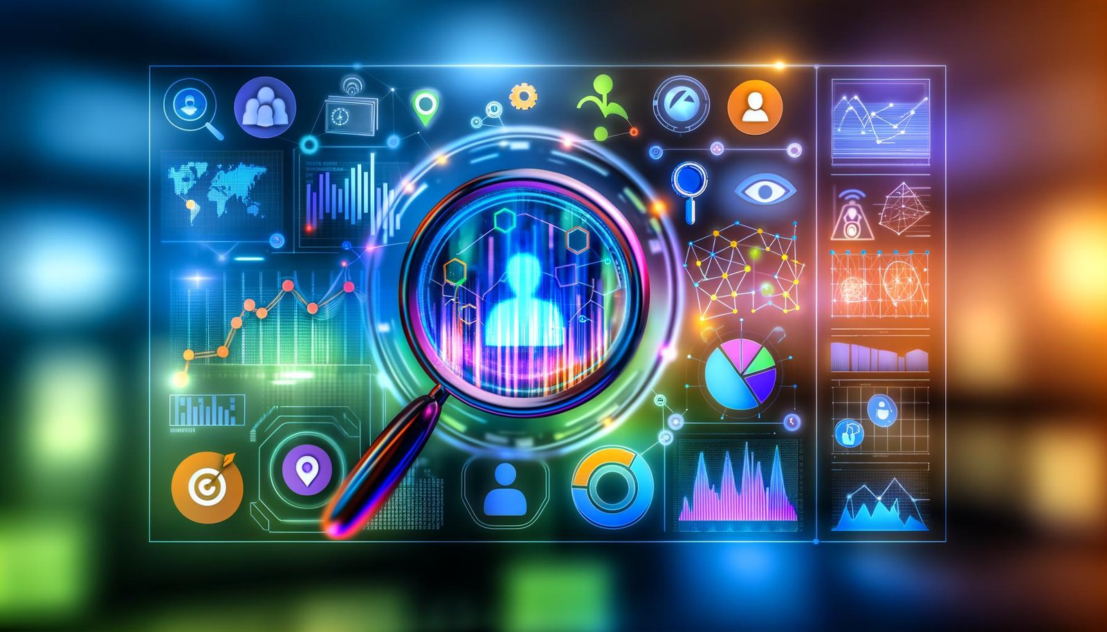 Illustration eines modernen Analytics-Dashboards mit farbigen Diagrammen, digitalen Marketing-Icons und Datenschutz-Schild für DSGVO-Konformität.