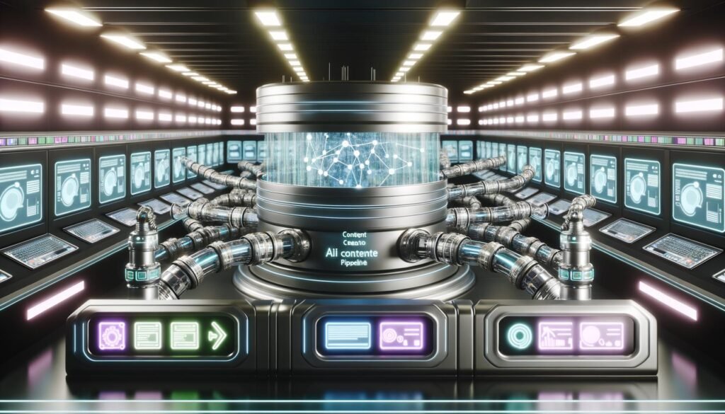 Futuristisch designter Maschinenraum mit Displays, Code-Strömen, Roboterarmen und der modularen GraphCMS AI Content Pipeline für multikanale Content-Ausgabe.