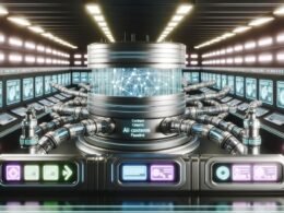 Futuristisch designter Maschinenraum mit Displays, Code-Strömen, Roboterarmen und der modularen GraphCMS AI Content Pipeline für multikanale Content-Ausgabe.