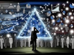 Ratloser Marketer inmitten eines verwirrenden Netzwerks aus Daten, Zielgruppen-Silhouetten, PowerPoint-Folien und Analyse-Tools mit kühlen Farben und leuchtenden Datapunkten.