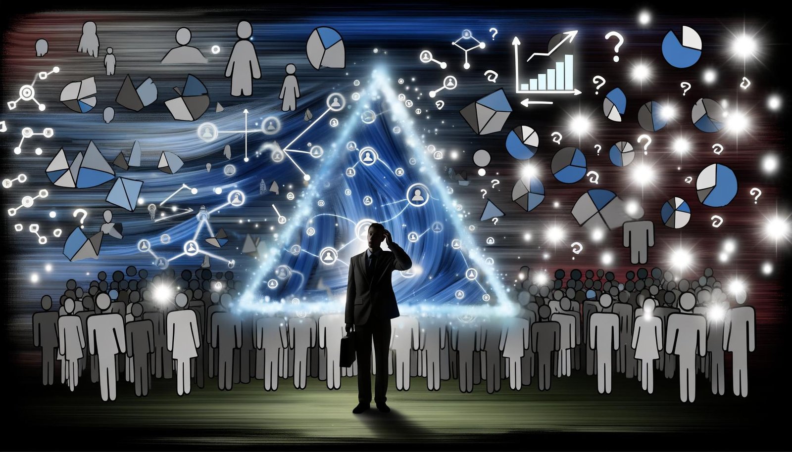 Ratloser Marketer inmitten eines verwirrenden Netzwerks aus Daten, Zielgruppen-Silhouetten, PowerPoint-Folien und Analyse-Tools mit kühlen Farben und leuchtenden Datapunkten.