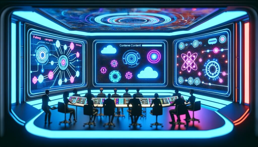 Futuristischer Kontrollraum mit digitalen Dashboards, holografischen Anzeigen, KI-Symbolen und kooperierenden Teams für moderne Content-Produktion.