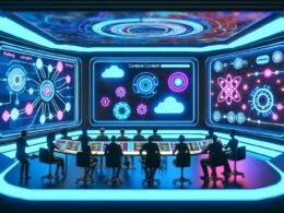 Futuristischer Kontrollraum mit digitalen Dashboards, holografischen Anzeigen, KI-Symbolen und kooperierenden Teams für moderne Content-Produktion.