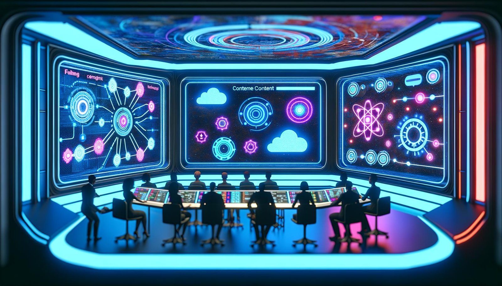 Futuristischer Kontrollraum mit digitalen Dashboards, holografischen Anzeigen, KI-Symbolen und kooperierenden Teams für moderne Content-Produktion.