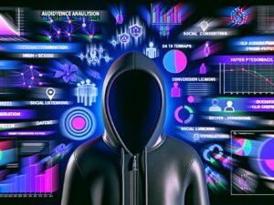Modernes Titelbild eines stylischen Datenwissenschaftlers im Hoodie vor mehreren Daten-Dashboards, Heatmaps, Cluster-Grafiken und Social Listening-Charts mit leuchtenden Neonakzenten.