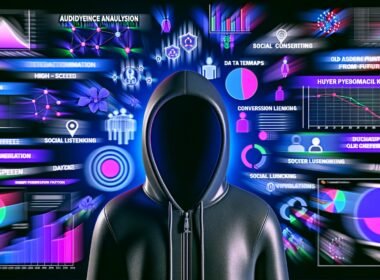 Modernes Titelbild eines stylischen Datenwissenschaftlers im Hoodie vor mehreren Daten-Dashboards, Heatmaps, Cluster-Grafiken und Social Listening-Charts mit leuchtenden Neonakzenten.
