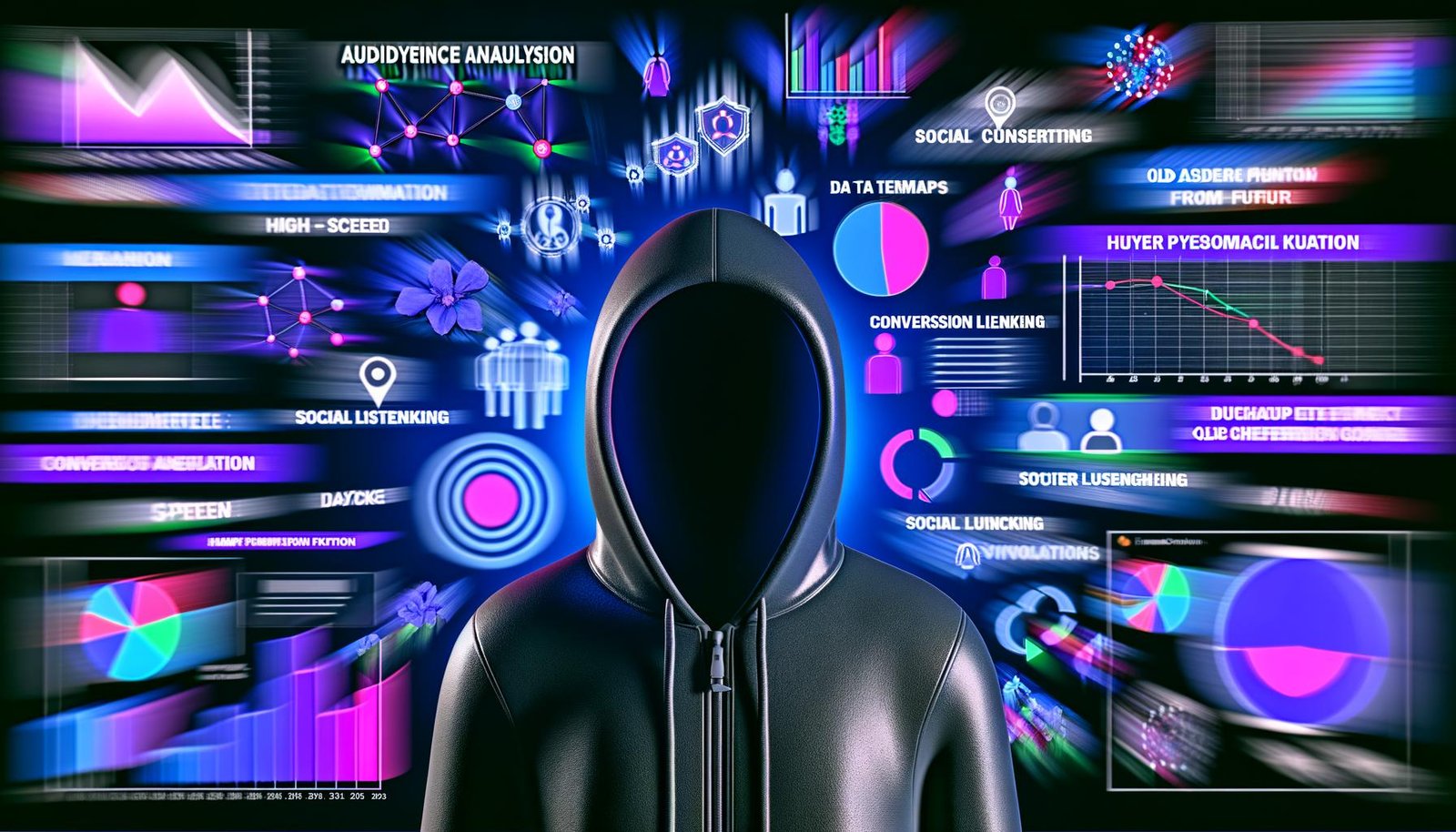 Modernes Titelbild eines stylischen Datenwissenschaftlers im Hoodie vor mehreren Daten-Dashboards, Heatmaps, Cluster-Grafiken und Social Listening-Charts mit leuchtenden Neonakzenten.