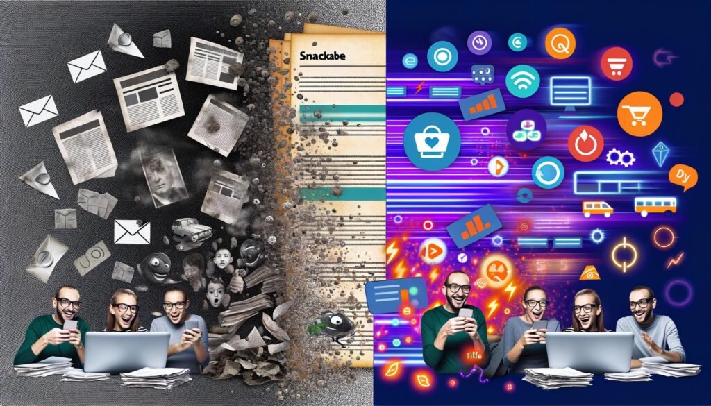 Dynamische Illustration mit alten Computern und Dokumenten links, lächelnden Usern an Smartphones rechts, umgeben von bunten Social-Media-Feeds, Mikro-Videos, Memes und Icons wie Instagram, LinkedIn, TikTok und Google Trends.