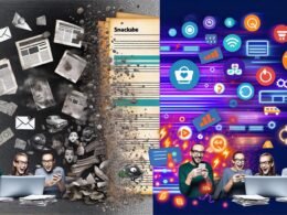 Dynamische Illustration mit alten Computern und Dokumenten links, lächelnden Usern an Smartphones rechts, umgeben von bunten Social-Media-Feeds, Mikro-Videos, Memes und Icons wie Instagram, LinkedIn, TikTok und Google Trends.