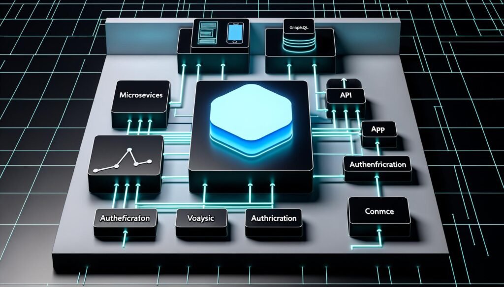 Futuristisches Dashboard mit großem API-Interface, modularen Microservices und Datenströmen zu verschiedenen Frontends auf dunklem Hintergrund