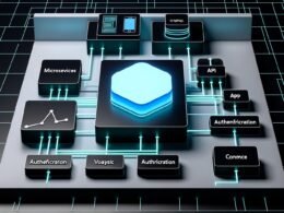 Futuristisches Dashboard mit großem API-Interface, modularen Microservices und Datenströmen zu verschiedenen Frontends auf dunklem Hintergrund
