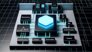 Futuristisches Dashboard mit großem API-Interface, modularen Microservices und Datenströmen zu verschiedenen Frontends auf dunklem Hintergrund