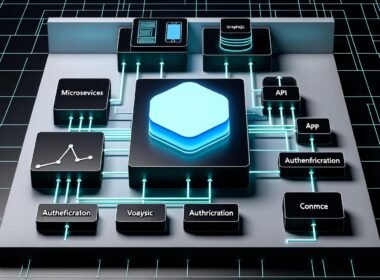 Futuristisches Dashboard mit großem API-Interface, modularen Microservices und Datenströmen zu verschiedenen Frontends auf dunklem Hintergrund