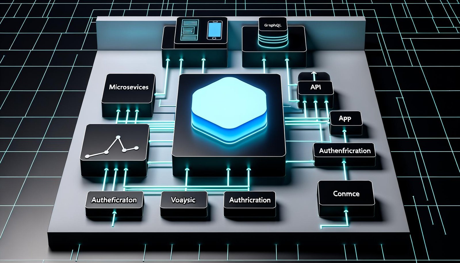 Futuristisches Dashboard mit großem API-Interface, modularen Microservices und Datenströmen zu verschiedenen Frontends auf dunklem Hintergrund
