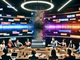 Junge, vielfältige Redaktion arbeitet in energiegeladener Atmosphäre an Monitoren mit KI-generierten Texten, von Schlagworten wie Transparenz und Fakten umgeben, zwischen Fake News und vertrauenswürdigen Faktenchecks.