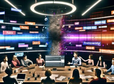 Junge, vielfältige Redaktion arbeitet in energiegeladener Atmosphäre an Monitoren mit KI-generierten Texten, von Schlagworten wie Transparenz und Fakten umgeben, zwischen Fake News und vertrauenswürdigen Faktenchecks.