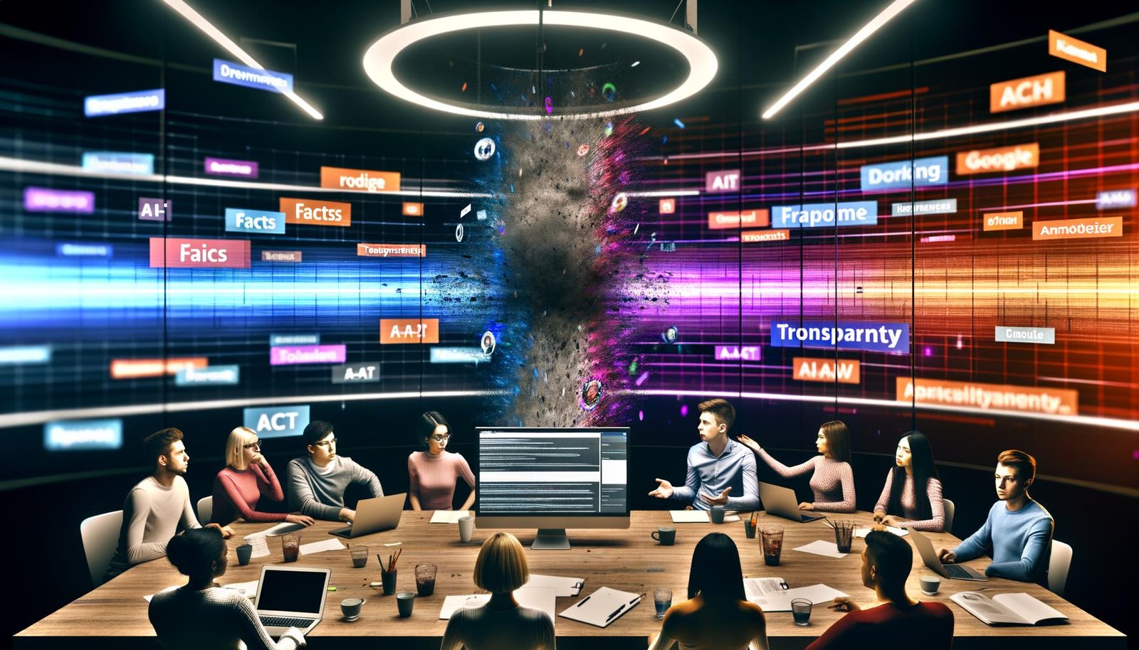 Junge, vielfältige Redaktion arbeitet in energiegeladener Atmosphäre an Monitoren mit KI-generierten Texten, von Schlagworten wie Transparenz und Fakten umgeben, zwischen Fake News und vertrauenswürdigen Faktenchecks.