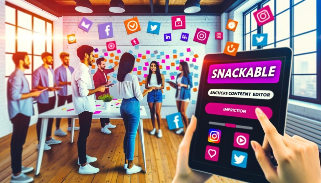 Junge, diverse Marketing-Teams brainstormen an Whiteboards im Loft-Style-Redaktionsbüro, während eine Frau am Tablet Snackable Content erstellt, umgeben von Social-Media-Icons und Split-Screens.