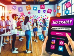 Junge, diverse Marketing-Teams brainstormen an Whiteboards im Loft-Style-Redaktionsbüro, während eine Frau am Tablet Snackable Content erstellt, umgeben von Social-Media-Icons und Split-Screens.