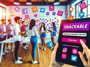 Junge, diverse Marketing-Teams brainstormen an Whiteboards im Loft-Style-Redaktionsbüro, während eine Frau am Tablet Snackable Content erstellt, umgeben von Social-Media-Icons und Split-Screens.