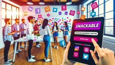 Junge, diverse Marketing-Teams brainstormen an Whiteboards im Loft-Style-Redaktionsbüro, während eine Frau am Tablet Snackable Content erstellt, umgeben von Social-Media-Icons und Split-Screens.