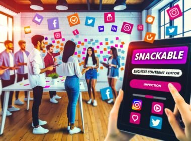 Junge, diverse Marketing-Teams brainstormen an Whiteboards im Loft-Style-Redaktionsbüro, während eine Frau am Tablet Snackable Content erstellt, umgeben von Social-Media-Icons und Split-Screens.