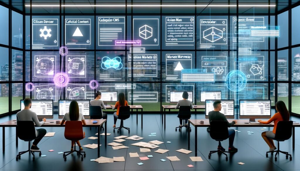 Futuristisches Redaktionsbüro mit digitalen Dashboards, Headless CMS-Workflows, API-Visualisierungen und vielfältigen Teams, die an High-Tech-Projekten zusammenarbeiten.