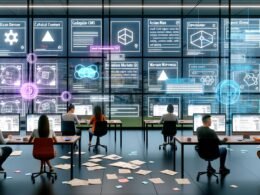 Futuristisches Redaktionsbüro mit digitalen Dashboards, Headless CMS-Workflows, API-Visualisierungen und vielfältigen Teams, die an High-Tech-Projekten zusammenarbeiten.