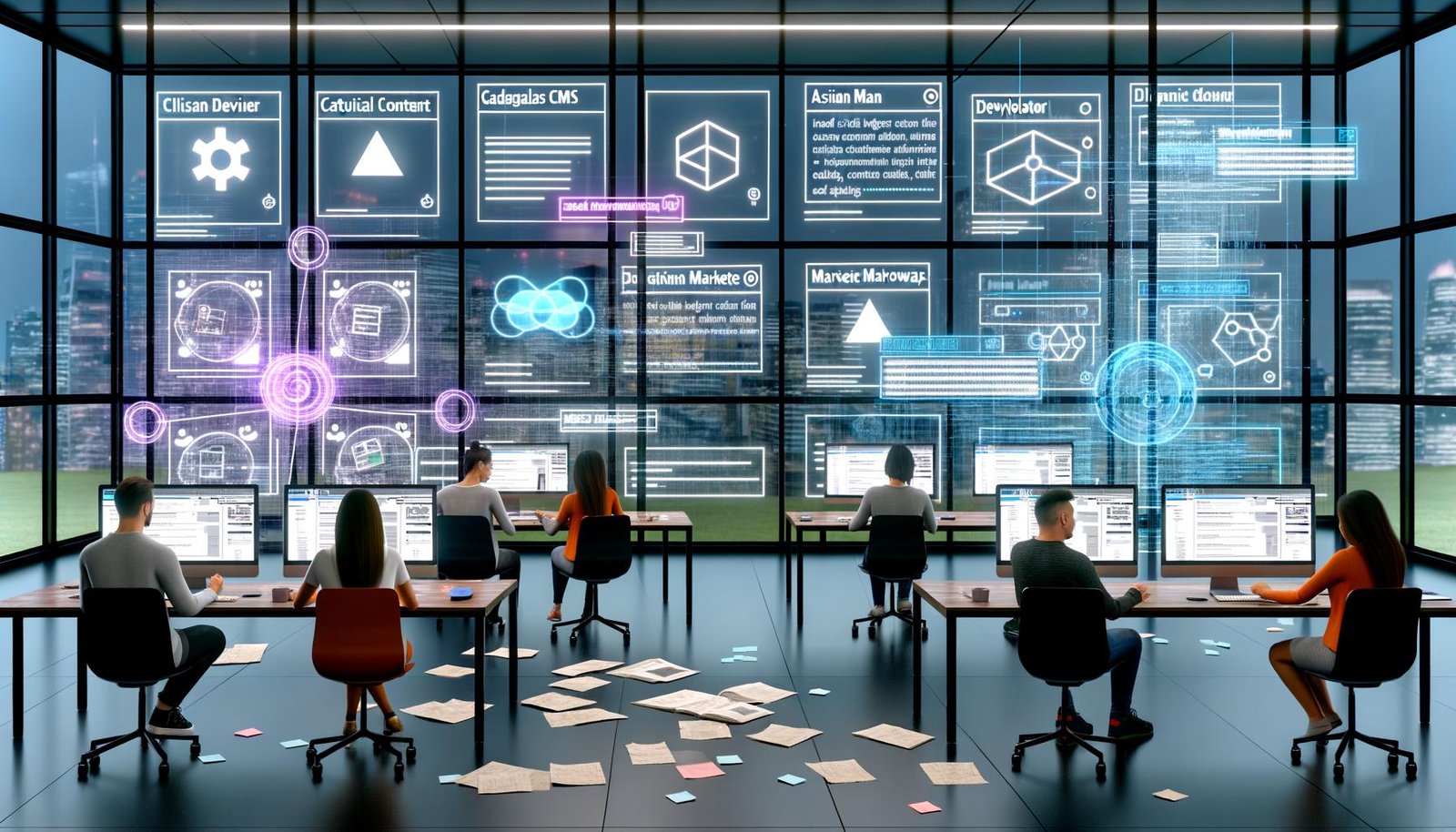 Futuristisches Redaktionsbüro mit digitalen Dashboards, Headless CMS-Workflows, API-Visualisierungen und vielfältigen Teams, die an High-Tech-Projekten zusammenarbeiten.