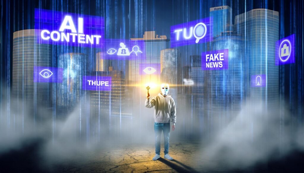 Futuristische Stadtlandschaft mit digitalen Werbeflächen zu KI, einer gesichtslosen Person mit goldenem Schlüssel und Smartphone, Nebelschwaden, Fake-News-Schildern, Licht und Schatten.