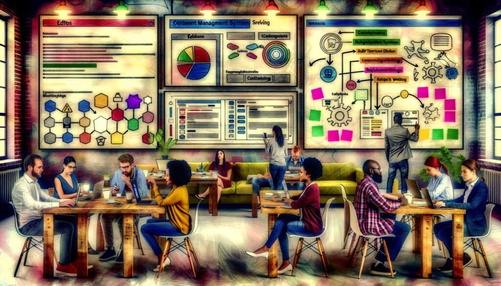 Redakteure und Entwickler in einem modernen Newsroom mit GraphCMS- und Next.js-Schnittstellen, großen Bildschirmen, Whiteboards und Arbeitsgeräten.