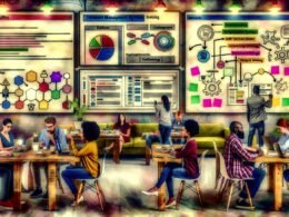 Redakteure und Entwickler in einem modernen Newsroom mit GraphCMS- und Next.js-Schnittstellen, großen Bildschirmen, Whiteboards und Arbeitsgeräten.