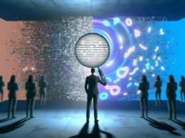 Editorial-Illustration eines gesichtslosen Marketing-Managers vor einer Wand aus schimmernden, synthetischen Textfragmenten. Mit einer Lupe wird die Oberflächlichkeit und Leere der KI-generierten Versprechen sichtbar, während skeptische Menschen im Hintergrund stehen.