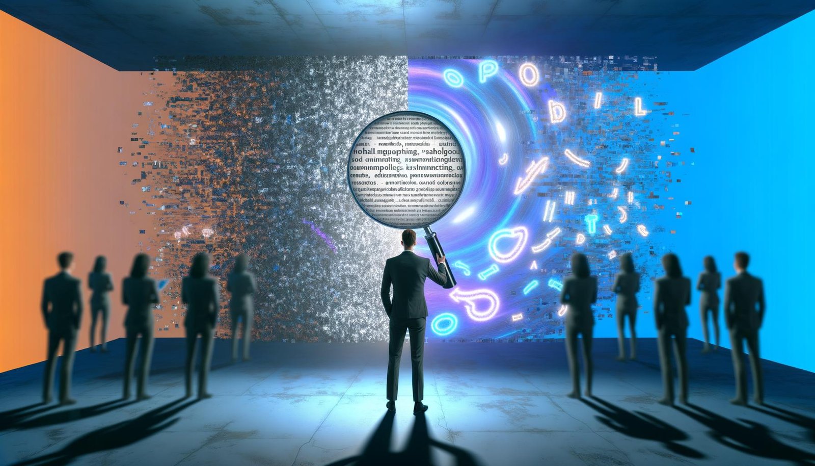 Editorial-Illustration eines gesichtslosen Marketing-Managers vor einer Wand aus schimmernden, synthetischen Textfragmenten. Mit einer Lupe wird die Oberflächlichkeit und Leere der KI-generierten Versprechen sichtbar, während skeptische Menschen im Hintergrund stehen.