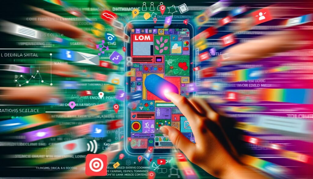 Zentrale Collage mit großem Smartphone und leuchtenden Snack-Content-Formaten, umgeben von abstrakten Händen, Social-Media-Icons und digitalen Elementen.