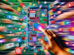 Zentrale Collage mit großem Smartphone und leuchtenden Snack-Content-Formaten, umgeben von abstrakten Händen, Social-Media-Icons und digitalen Elementen.