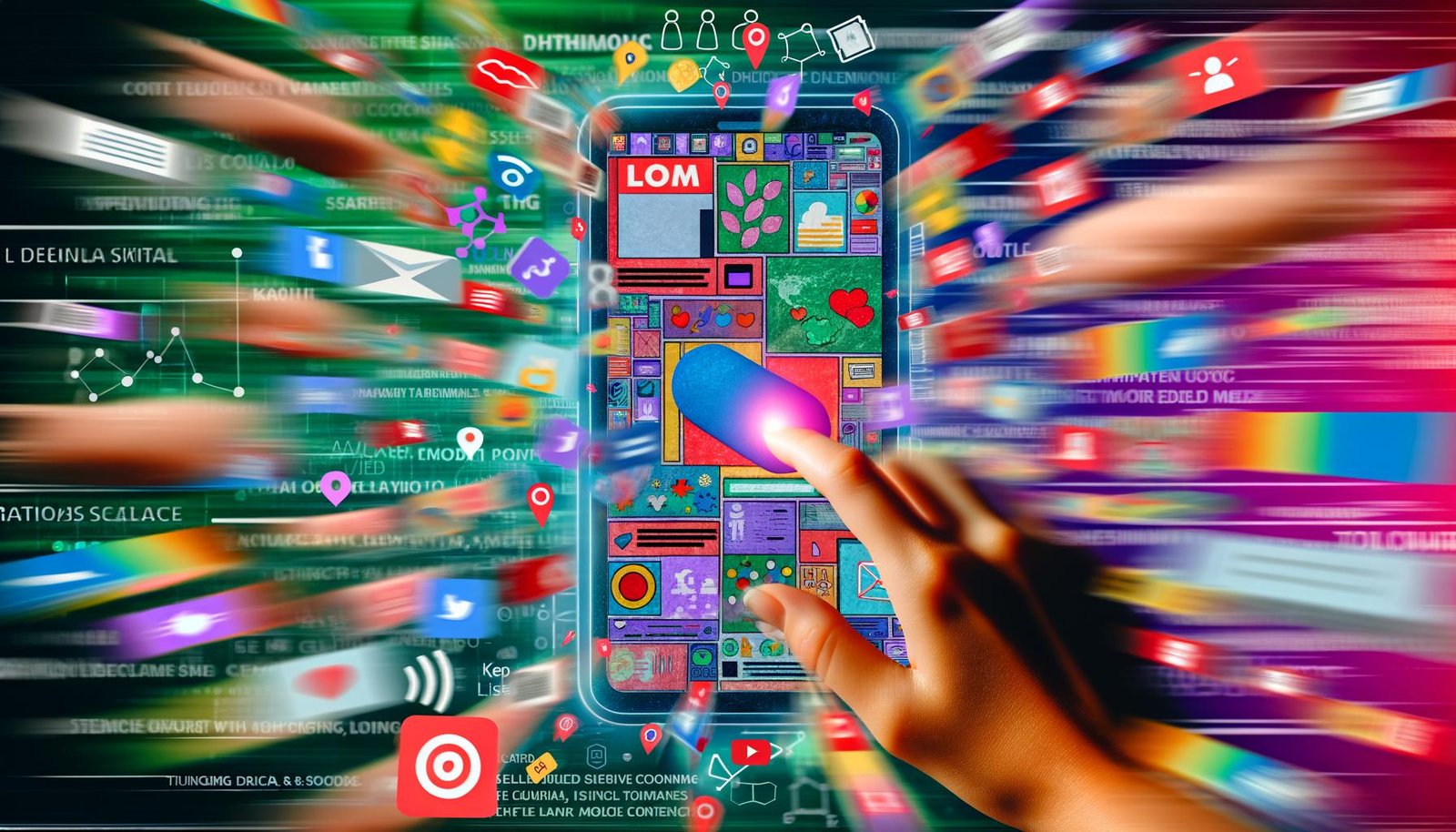 Zentrale Collage mit großem Smartphone und leuchtenden Snack-Content-Formaten, umgeben von abstrakten Händen, Social-Media-Icons und digitalen Elementen.