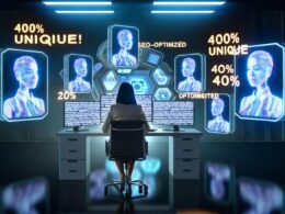 Marketer in einem modernen Büro mit mehreren Bildschirmen voller KI-generierter Texte, schwebenden Buzzwords und angespannten digitalen Atmosphäre, gespaltener Spiegel und leuchtendes 404-Schild im Hintergrund.