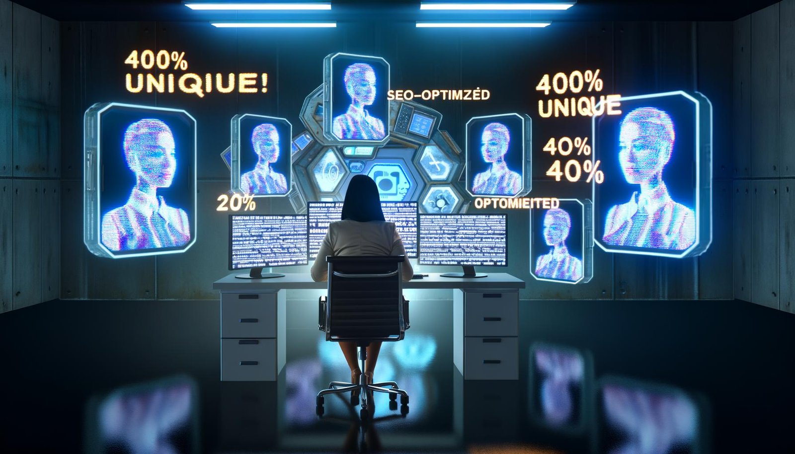 Marketer in einem modernen Büro mit mehreren Bildschirmen voller KI-generierter Texte, schwebenden Buzzwords und angespannten digitalen Atmosphäre, gespaltener Spiegel und leuchtendes 404-Schild im Hintergrund.