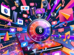 Moderne Komposition aus Smartphones mit Snackable Content-Formaten, zentral eine Stoppuhr mit acht Sekunden, umgeben von Social-Media-Logos und abstrakten Elementen.