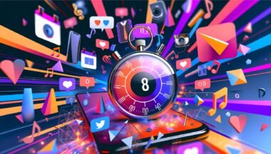 Moderne Komposition aus Smartphones mit Snackable Content-Formaten, zentral eine Stoppuhr mit acht Sekunden, umgeben von Social-Media-Logos und abstrakten Elementen.