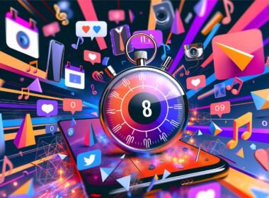 Moderne Komposition aus Smartphones mit Snackable Content-Formaten, zentral eine Stoppuhr mit acht Sekunden, umgeben von Social-Media-Logos und abstrakten Elementen.